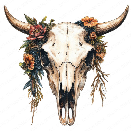 Vintage Floral Cow Skull fussy cut sheet in US Letter format showing all 12 designs on one printable page