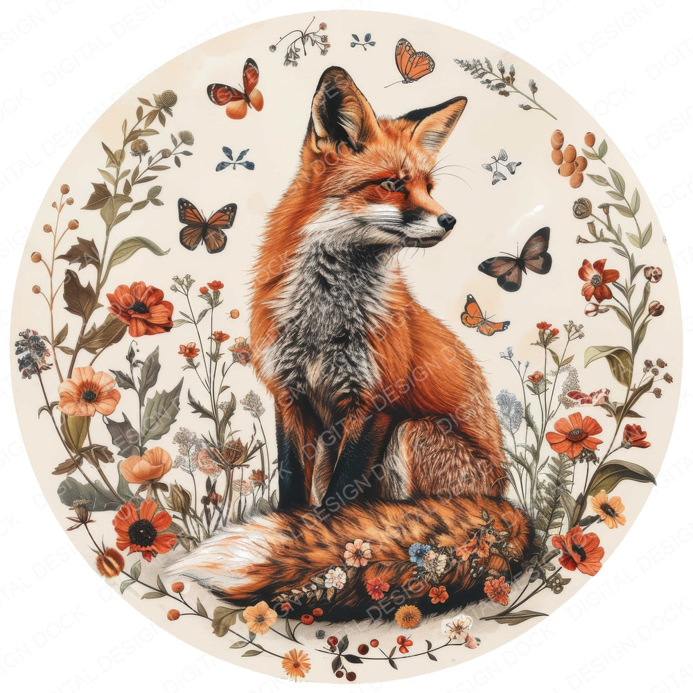 Vintage Floral Fox Illustration fussy cut sheet in US Letter format showing all 12 designs on one printable page