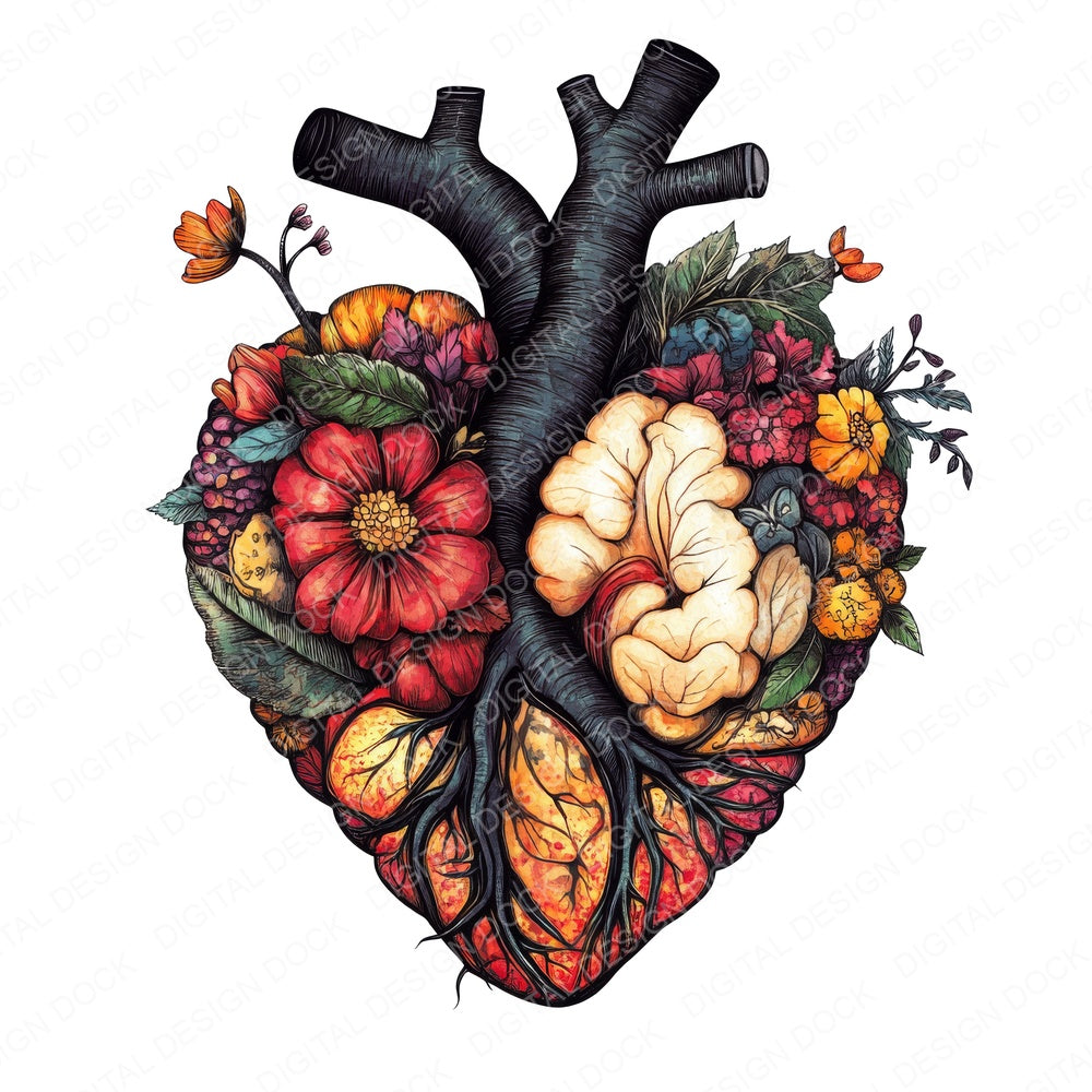 Vintage Floral Human Heart A fussy cut sheet in A4 format showing all 12 designs on one printable page