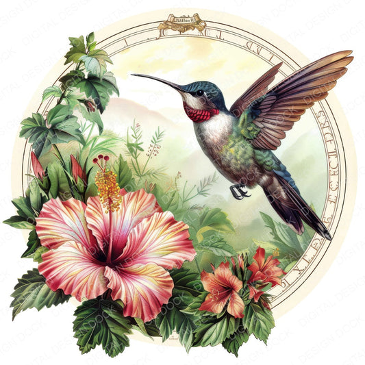 Vintage Floral Hummingbird Illustration fussy cut sheet in US Letter format showing all 12 designs on one printable page