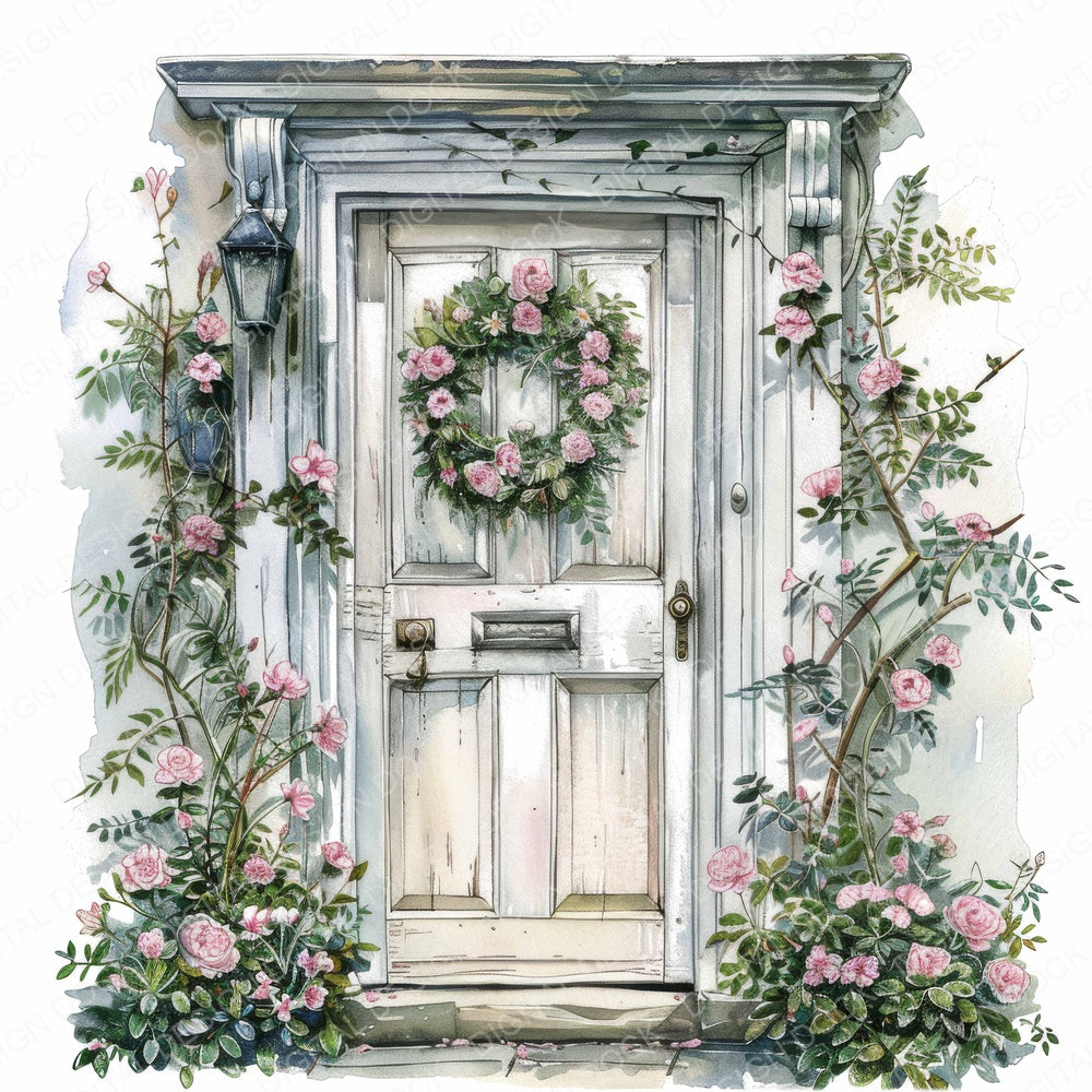 Vintage Front Door with Floral Wreath fussy cut sheet in A4 format showing all 12 designs on one printable page