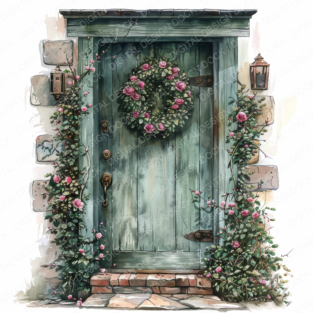Vintage Front Door with Floral Wreath fussy cut sheet in US Letter format showing all 12 designs on one printable page