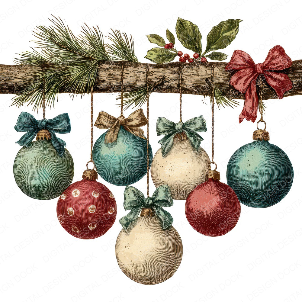 Vintage Hanging Baubles fussy cut sheet in A4 format showing all 12 designs on one printable page