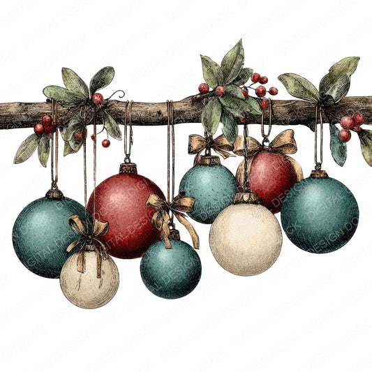 Vintage Hanging Baubles fussy cut sheet in US Letter format showing all 12 designs on one printable page