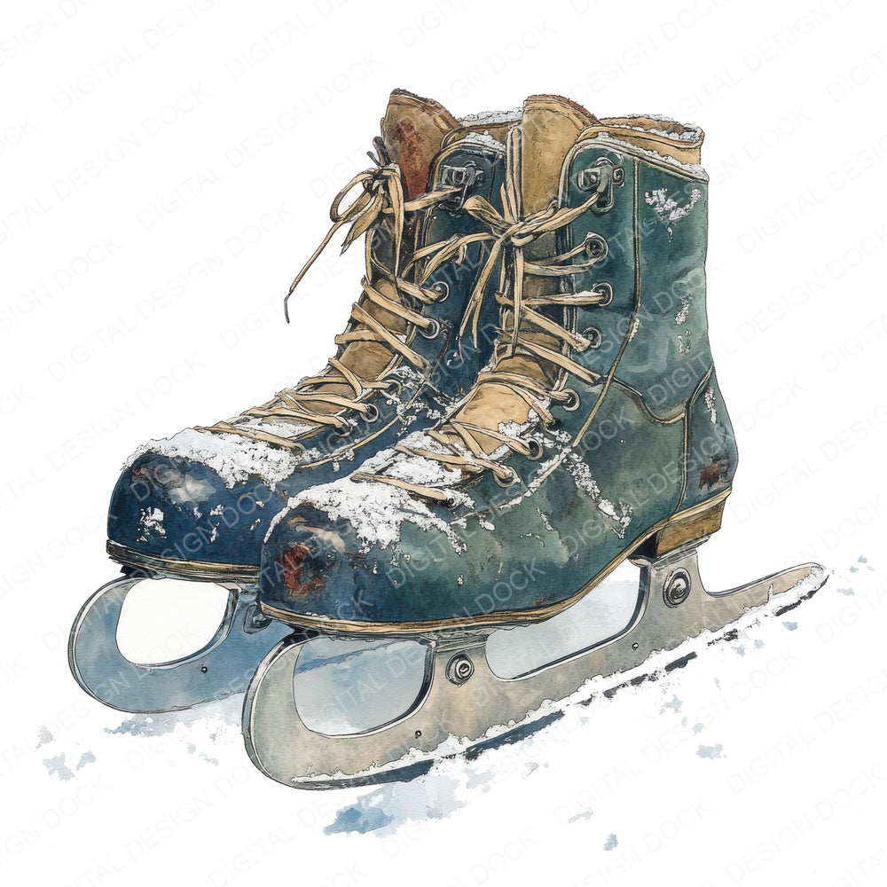 Vintage Ice Skates on Snow fussy cut sheet in A4 format showing all 12 designs on one printable page