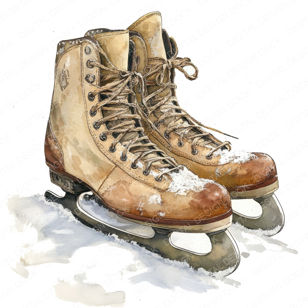 Vintage Ice Skates on Snow fussy cut sheet in US Letter format showing all 12 designs on one printable page