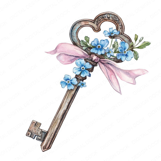 Vintage Key with Flowers fussy cut sheet in A4 format showing all 12 designs on one printable page