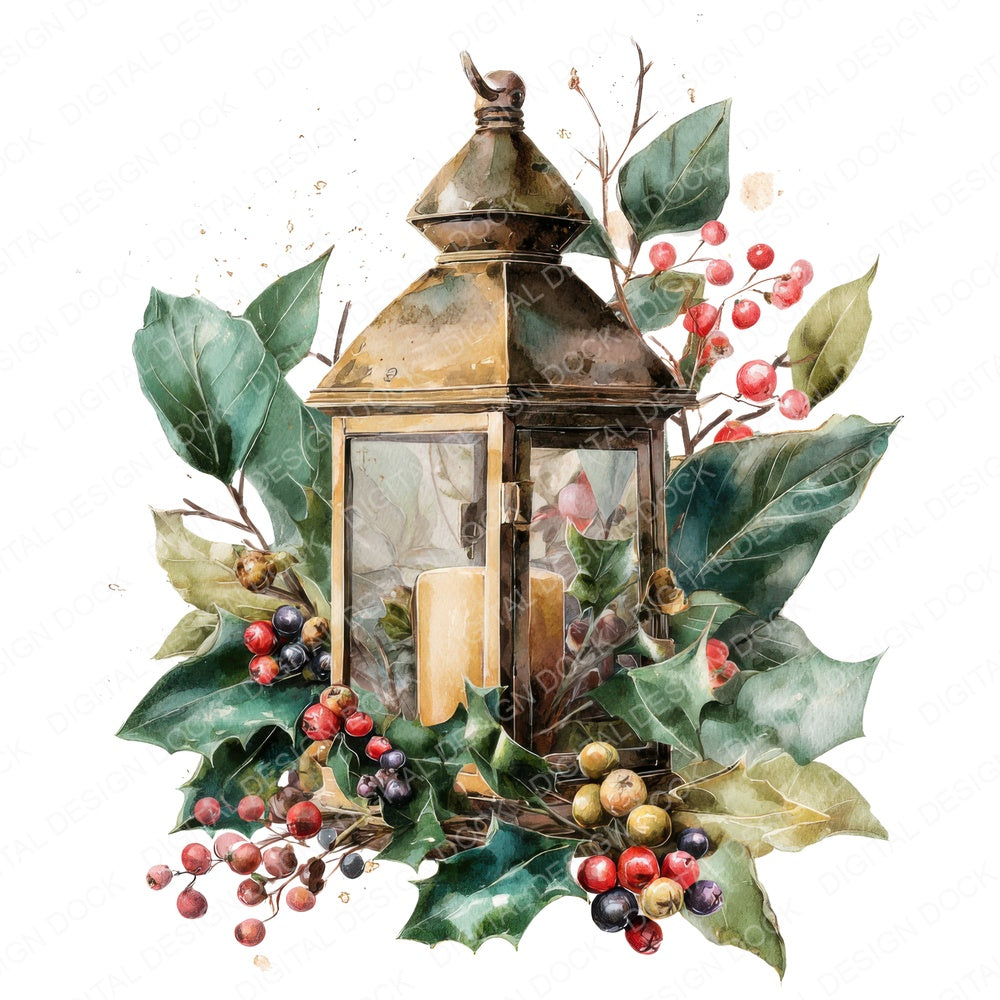 Vintage Lantern with Winter Foliage fussy cut sheet in A4 format showing all 12 designs on one printable page