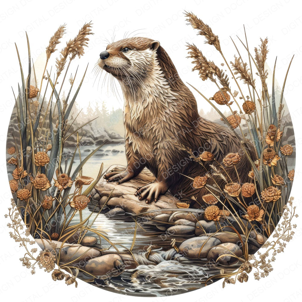 Vintage Otter Illustration fussy cut sheet in US Letter format showing all 12 designs on one printable page