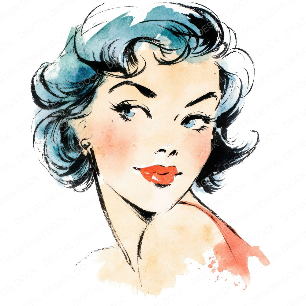 Vintage Pinup Girl Portrait fussy cut sheet in US Letter format showing all 12 designs on one printable page