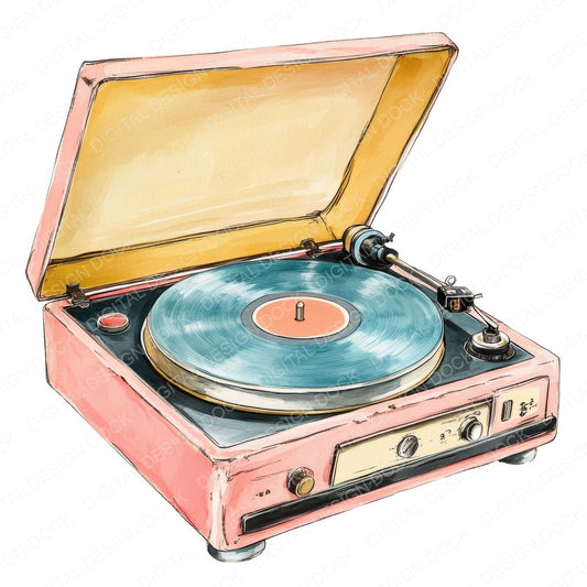 Vintage Record Player fussy cut sheet in A4 format showing all 12 designs on one printable page