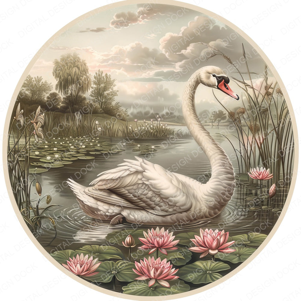 Vintage Riverbank Swan Illustration fussy cut sheet in A4 format showing all 12 designs on one printable page