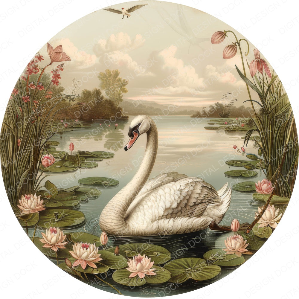 Vintage Riverbank Swan Illustration fussy cut sheet in US Letter format showing all 12 designs on one printable page