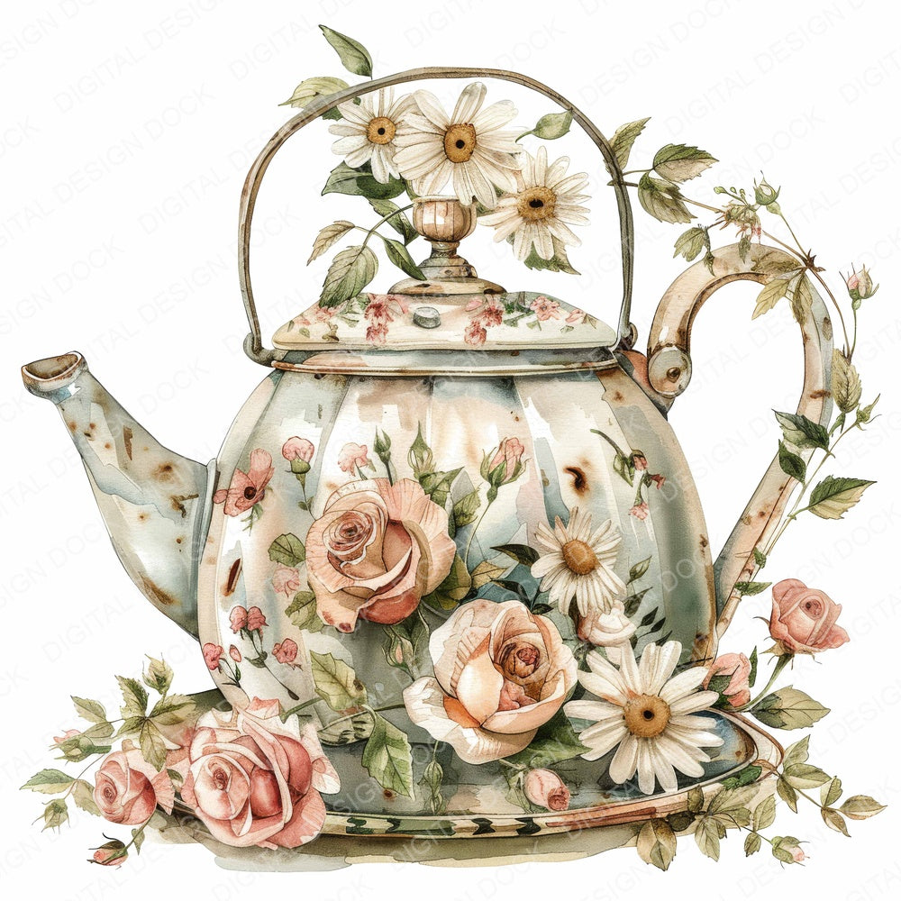 Vintage Rustic Floral Teapot fussy cut sheet in A4 format showing all 12 designs on one printable page