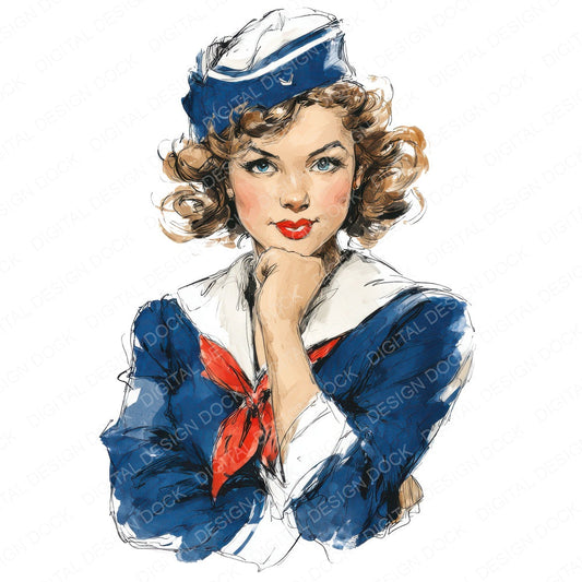 Vintage Sailor Girl Portrait fussy cut sheet in US Letter format showing all 12 designs on one printable page