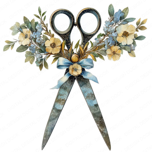 Vintage Scissors and Flowers fussy cut sheet in A4 format showing all 12 designs on one printable page