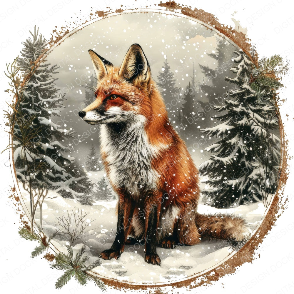 Vintage Snowy Fox Illustration fussy cut sheet in US Letter format showing all 12 designs on one printable page