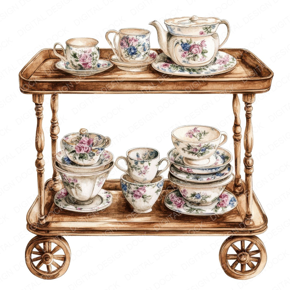 Vintage Tea Trolley fussy cut sheet in A4 format showing all 12 designs on one printable page