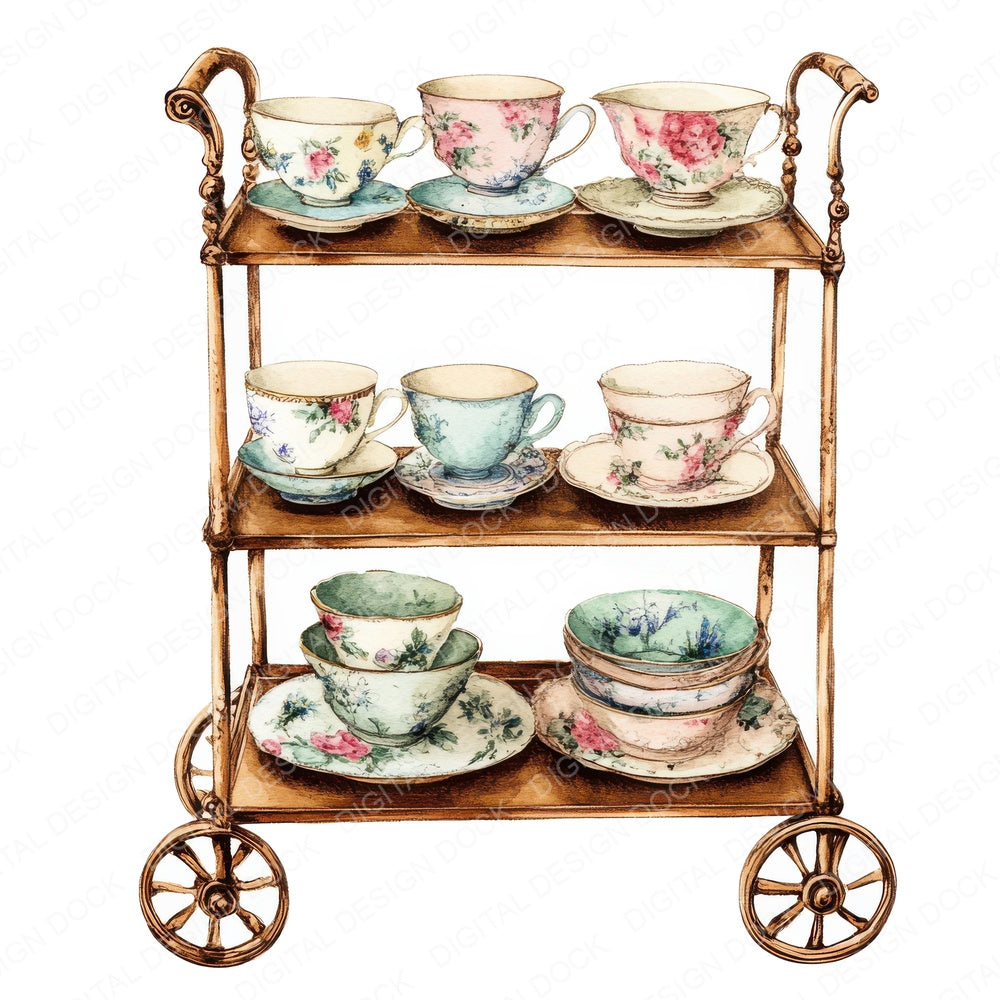 Vintage Tea Trolley fussy cut sheet in US Letter format showing all 12 designs on one printable page