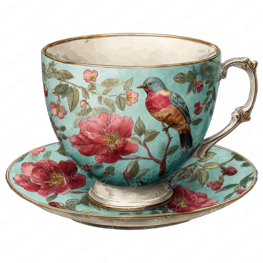 Vintage Teacup Bird fussy cut sheet in A4 format showing all 12 designs on one printable page