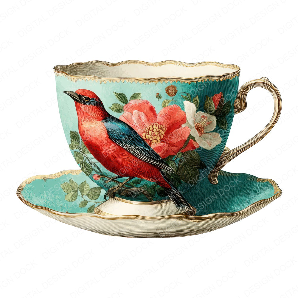 Vintage Teacup Bird fussy cut sheet in US Letter format showing all 12 designs on one printable page