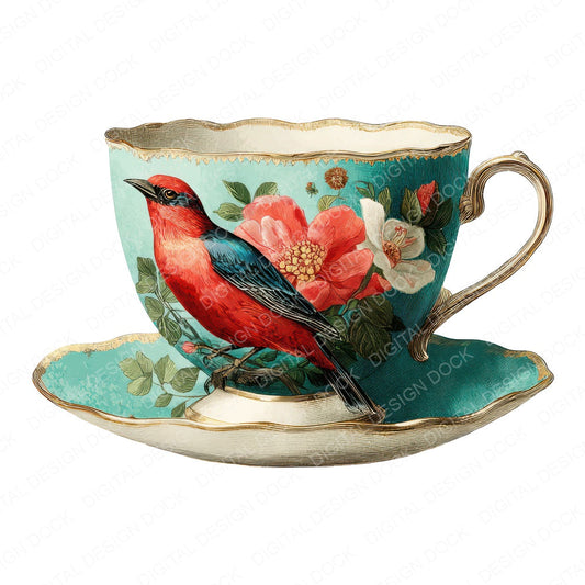 Vintage Teacup Bird fussy cut sheet in US Letter format showing all 12 designs on one printable page