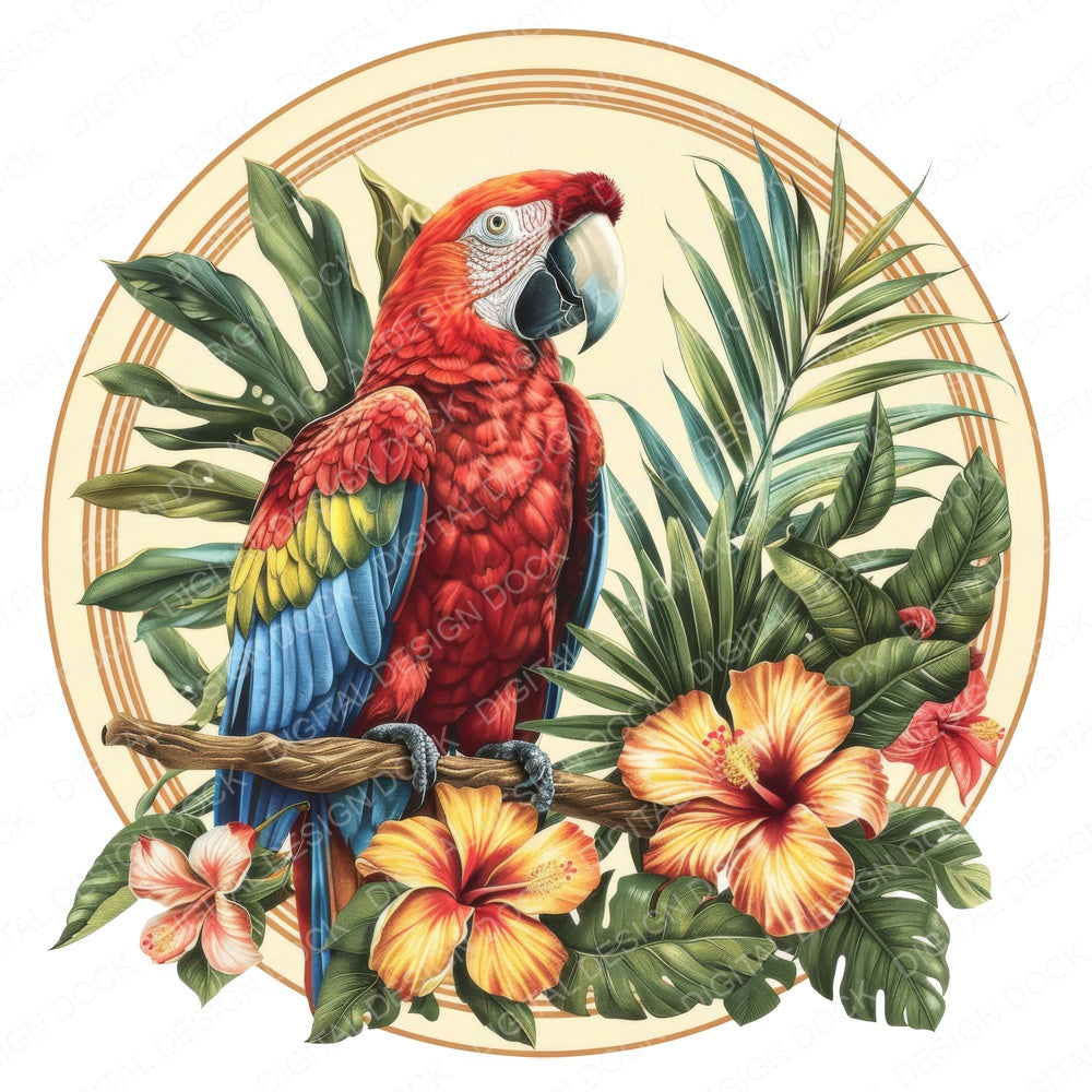 Vintage Tropical Floral Parrot Illustration fussy cut sheet in A4 format showing all 12 designs on one printable page