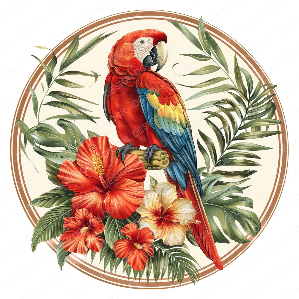 Vintage Tropical Floral Parrot Illustration fussy cut sheet in US Letter format showing all 12 designs on one printable page