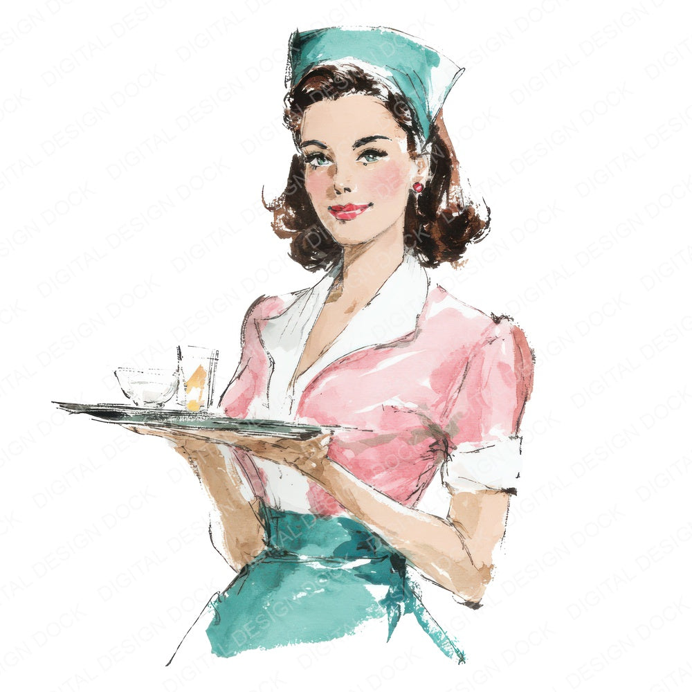 Vintage Waitress Portrait fussy cut sheet in A4 format showing all 12 designs on one printable page