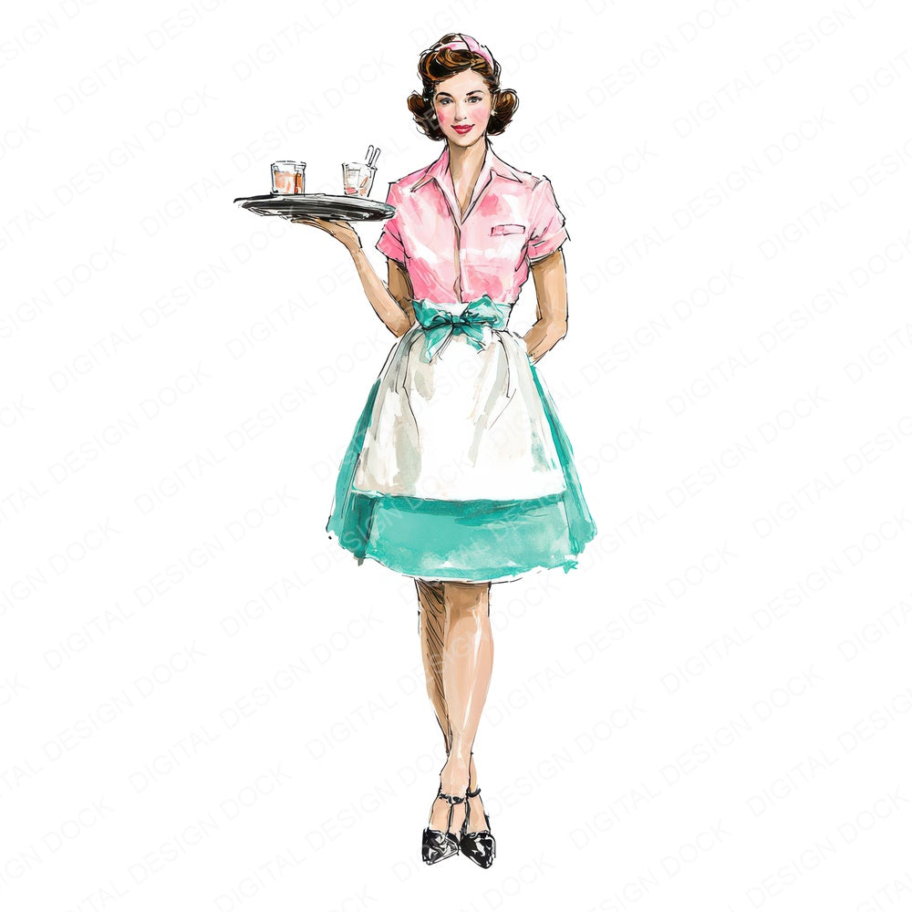 Vintage Waitress Portrait fussy cut sheet in US Letter format showing all 12 designs on one printable page