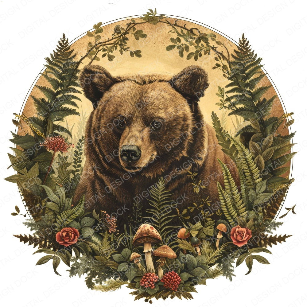 Vintage Woodland Bear Illustration fussy cut sheet in A4 format showing all 12 designs on one printable page