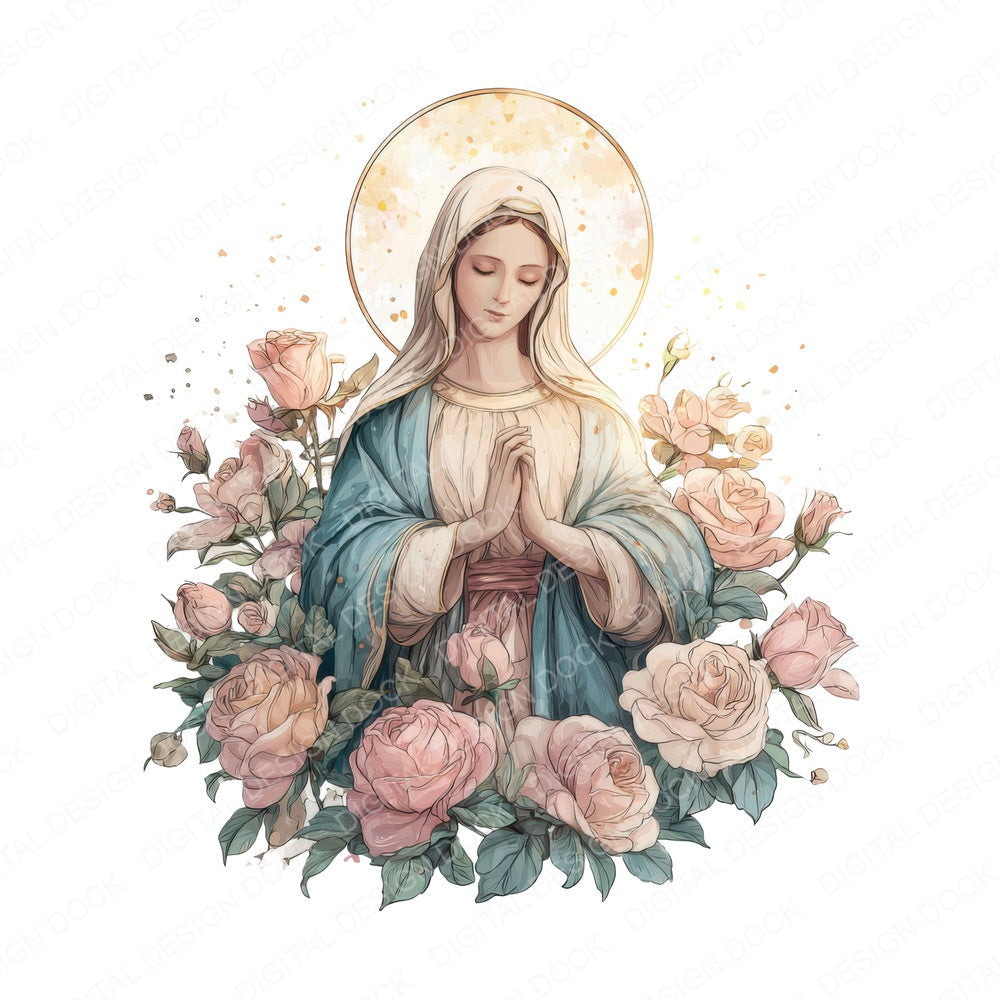 Virgin Mary with Roses fussy cut sheet in US Letter format showing all 12 designs on one printable page
