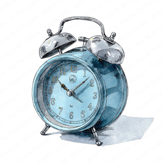 Watercolour Alarm Clock fussy cut sheet in A4 format showing all 12 designs on one printable page