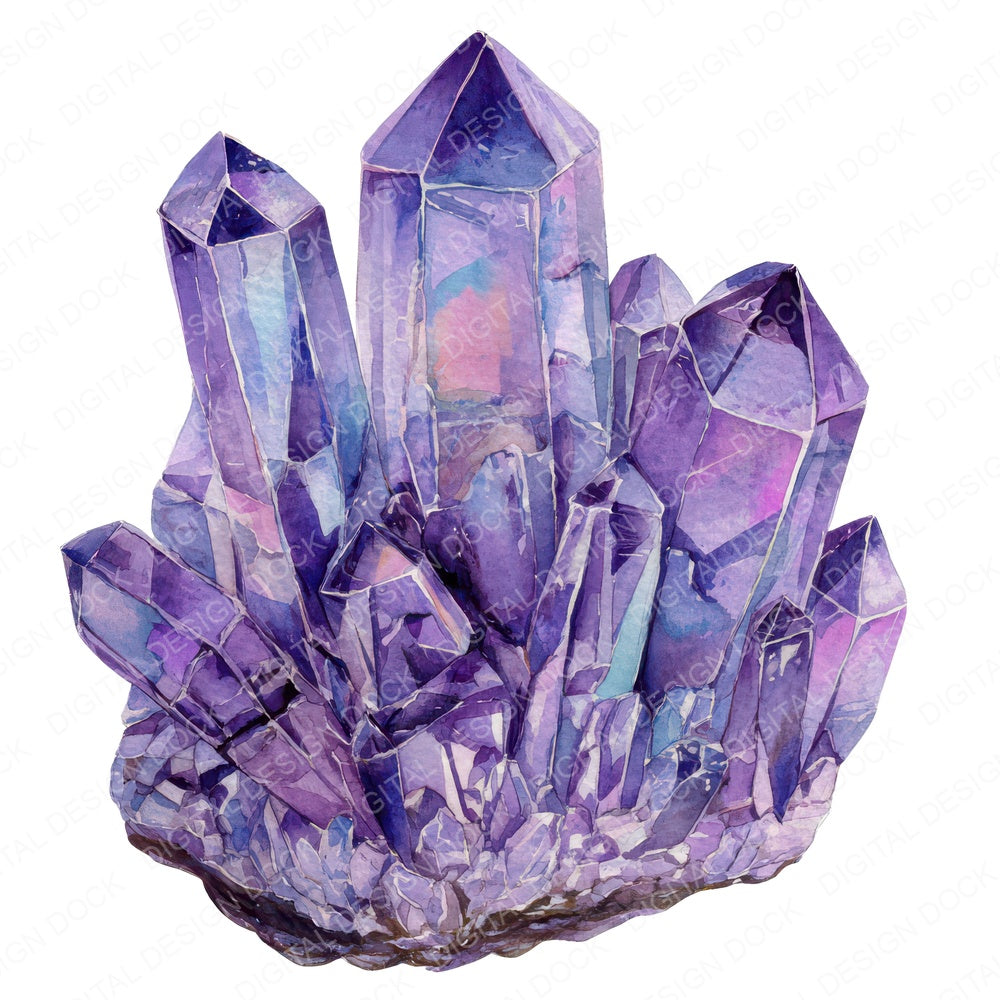Watercolour Amethyst Crystals fussy cut sheet in A4 format showing all 12 designs on one printable page