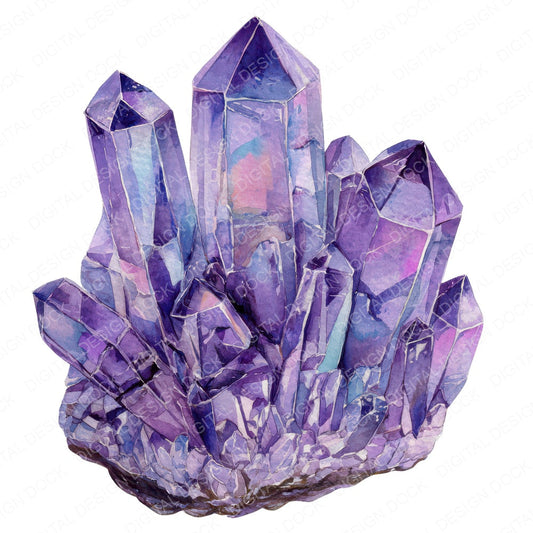 Watercolour Amethyst Crystals fussy cut sheet in A4 format showing all 12 designs on one printable page