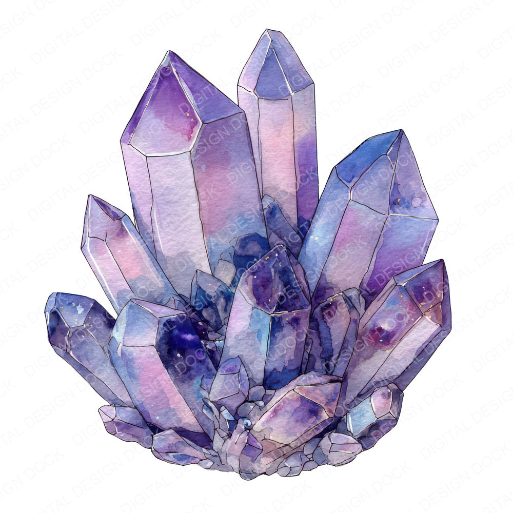 Watercolour Amethyst Crystals fussy cut sheet in US Letter format showing all 12 designs on one printable page