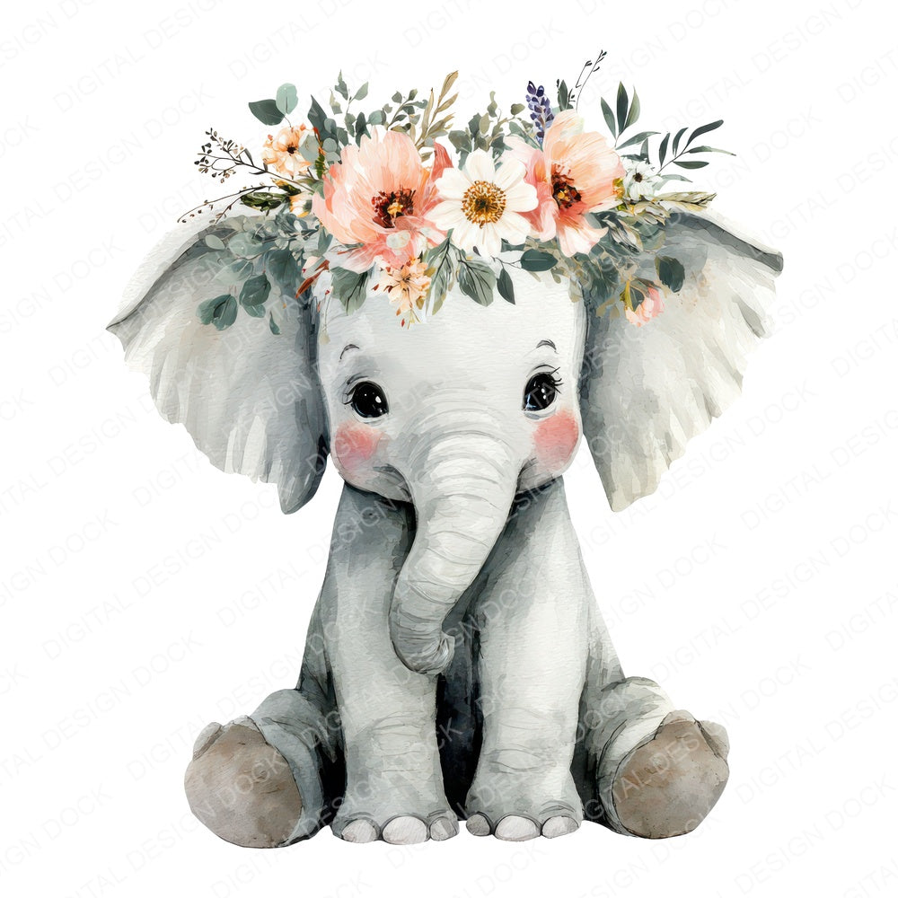 Watercolour Baby Elephant fussy cut sheet in A4 format showing all 12 designs on one printable page