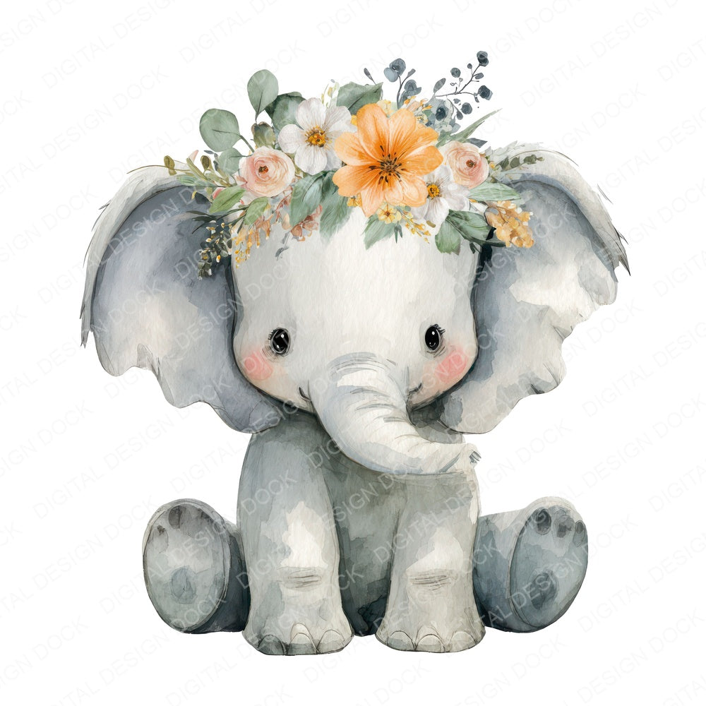 Watercolour Baby Elephant fussy cut sheet in US Letter format showing all 12 designs on one printable page