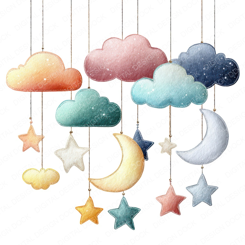 Watercolour Baby Mobile fussy cut sheet in A4 format showing all 12 designs on one printable page