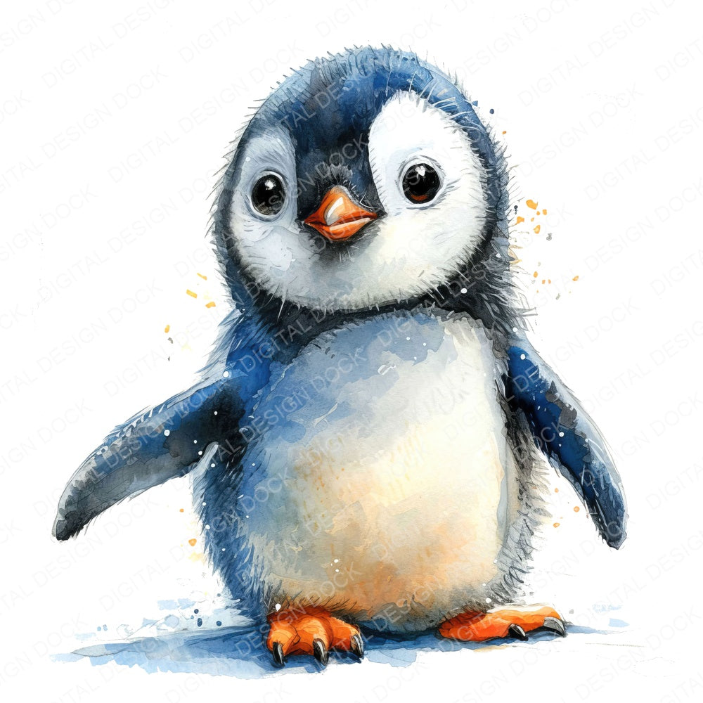 Watercolour Baby Penguin fussy cut sheet in US Letter format showing all 12 designs on one printable page