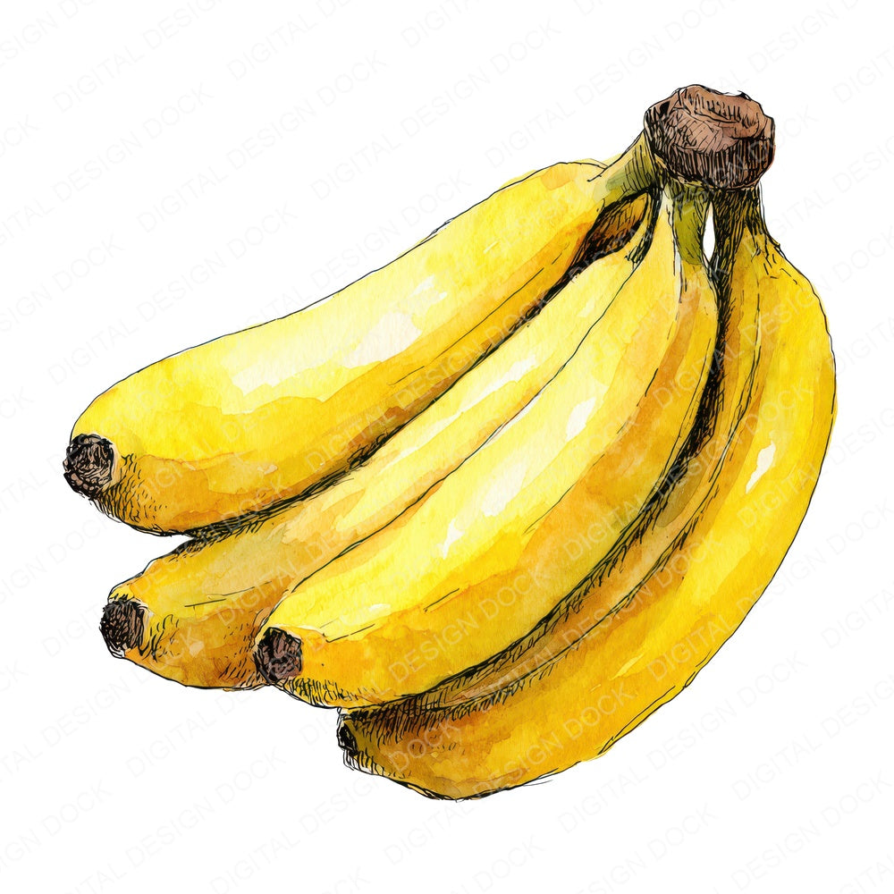 Watercolour Banana Bunch fussy cut sheet in A4 format showing all 12 designs on one printable page