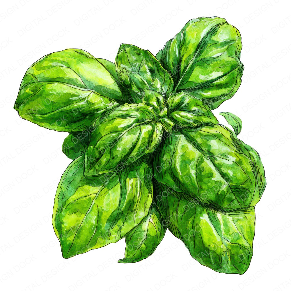 Watercolour Basil Leaves fussy cut sheet in A4 format showing all 12 designs on one printable page