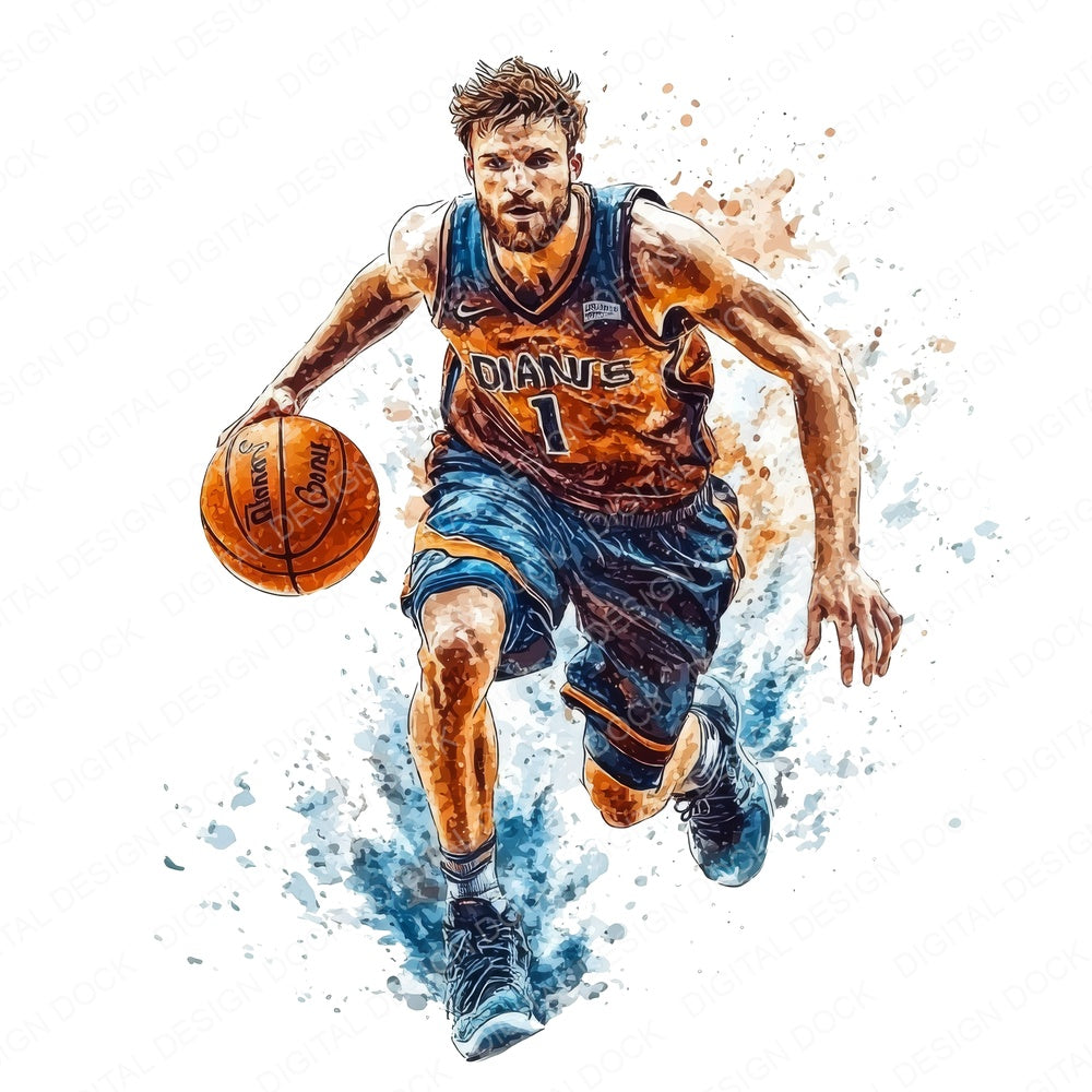 Watercolour Basketball Player fussy cut sheet in US Letter format showing all 12 designs on one printable page
