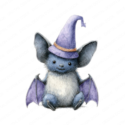Watercolour Bat Witch Hat fussy cut sheet in US Letter format showing all 12 designs on one printable page