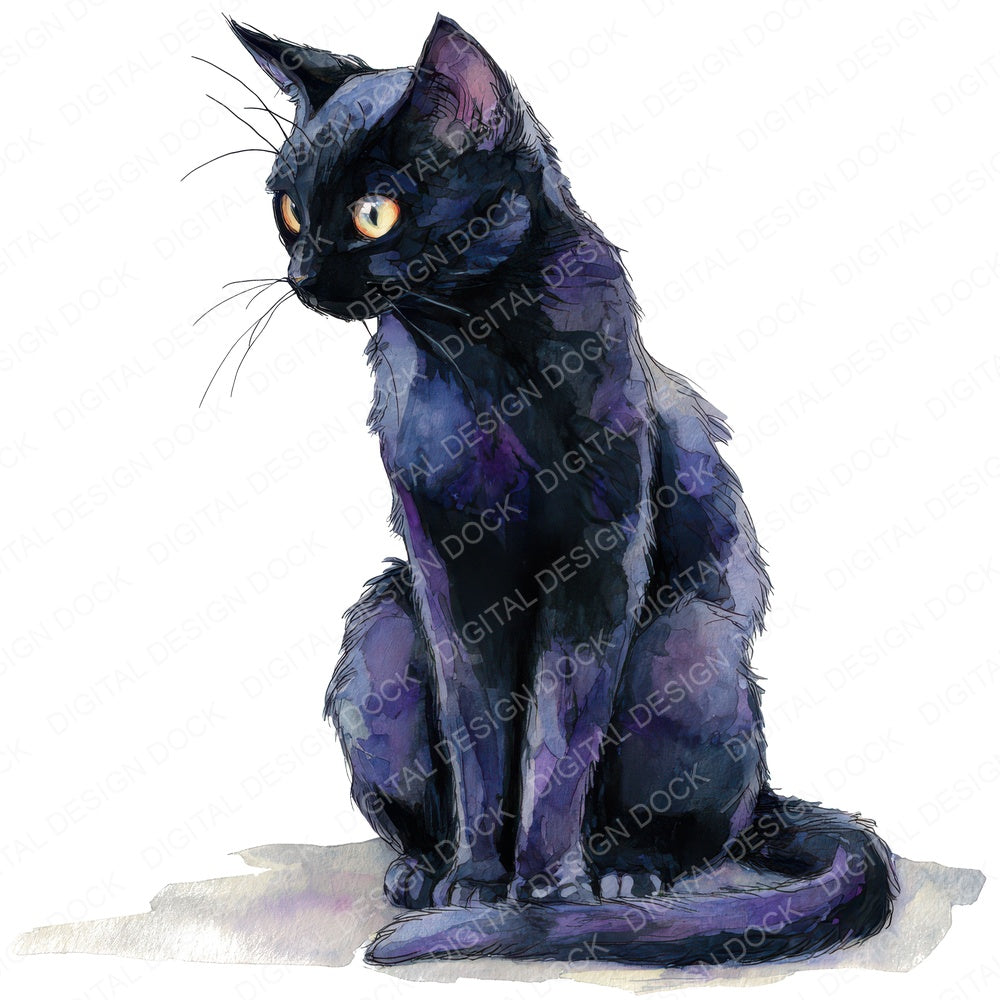 Watercolour Black Cat fussy cut sheet in A4 format showing all 12 designs on one printable page