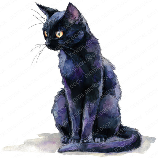 Watercolour Black Cat fussy cut sheet in A4 format showing all 12 designs on one printable page