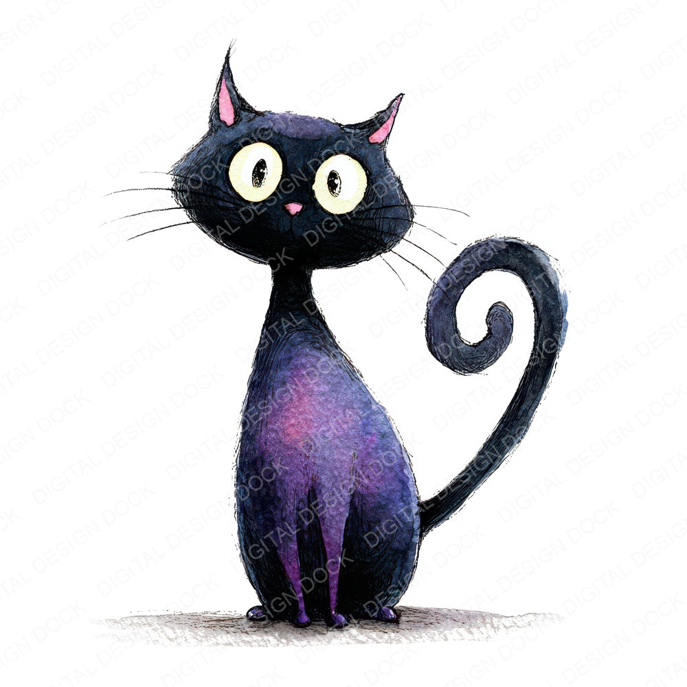 Watercolour Black Cat fussy cut sheet in US Letter format showing all 12 designs on one printable page