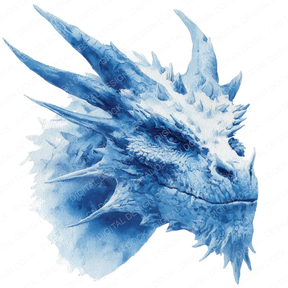 Watercolour Blue Dragon Head fussy cut sheet in A4 format showing all 12 designs on one printable page