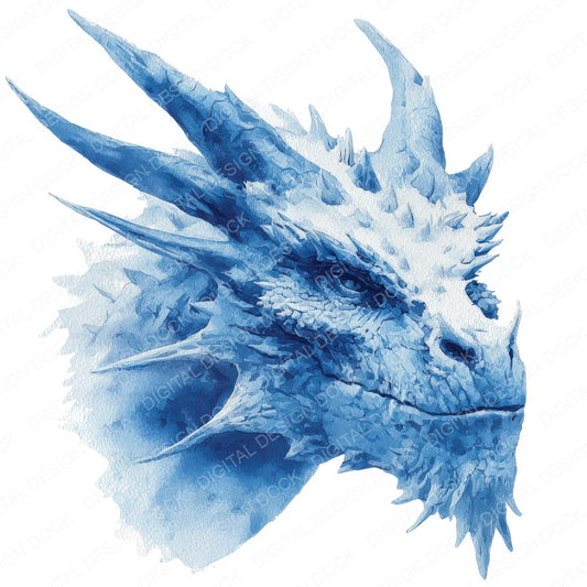 Watercolour Blue Dragon Head fussy cut sheet in A4 format showing all 12 designs on one printable page
