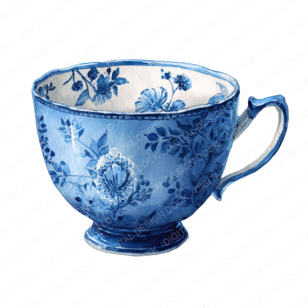 Watercolour Blue Floral Teacup fussy cut sheet in A4 format showing all 12 designs on one printable page